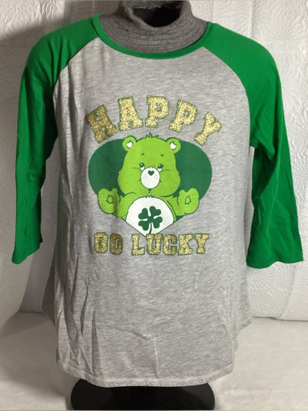 Care Bears Happy Go Lucky Gray Green Graphic Jersey Sleeve Pullover Jr XXL 19